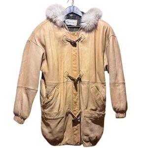 Vintage Baronesa Women's Tan Leather Duffle Coat Fox Fur Hood plaid Lined Sz 6
